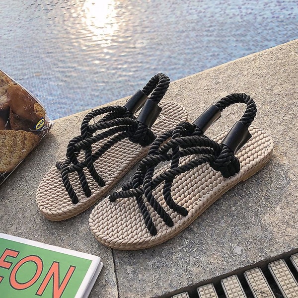 Gladiatorsandaler for kvinner, sommer, flettet tau, plattformhæl, tykk såle, elastisk frontreim, fritidssko i romersk stil, sommer for damer Apricot 35