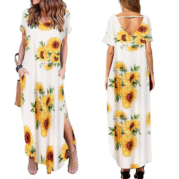 Naisten neulemekko, lyhythihainen, V-aukkoinen, rento, pitkä mekko, kesä, ranta, uusi Peacock color L