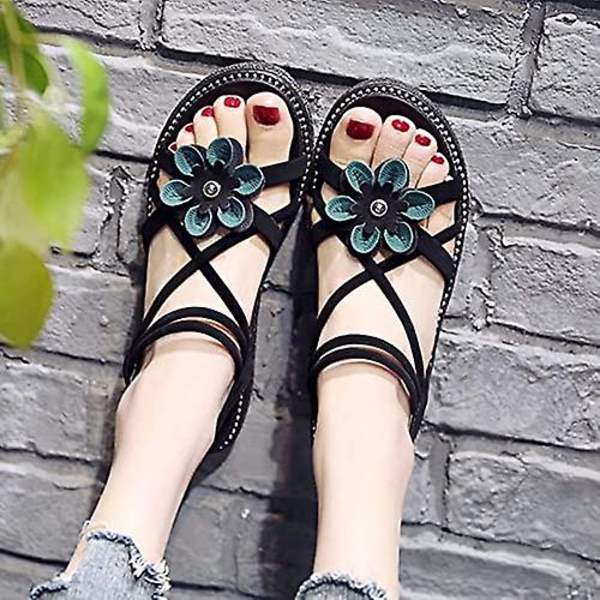 Romansk damesandal med elastisk bånd, åpen tå og plattform, sklisikker Black 40