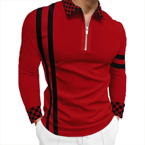 Miesten raidallinen ruudullinen vetoketjullinen V-kauluspoolopaita, rento slim fit, pitkähihainen tyylikäs T-paita Wine Red 2XL