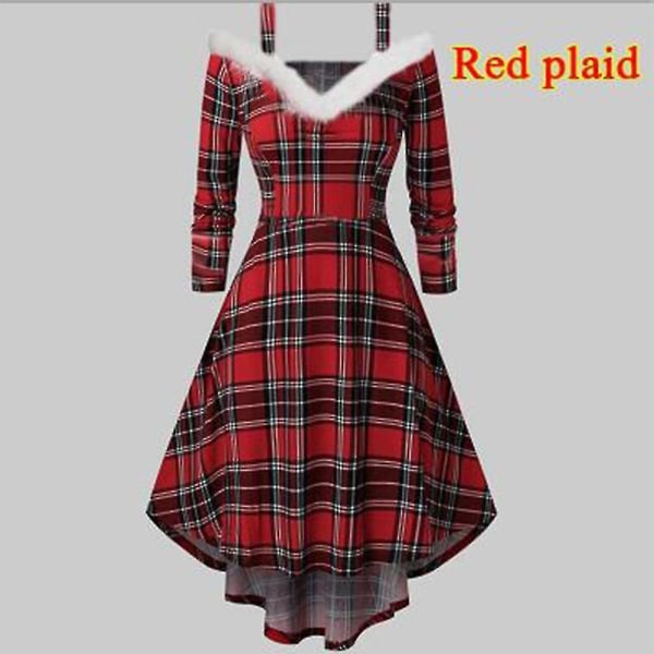 Dame Jul Langærmet Plys Høj og Lav Dyb V Off-shoulder Stor Swing Kjole Plaid 2XL