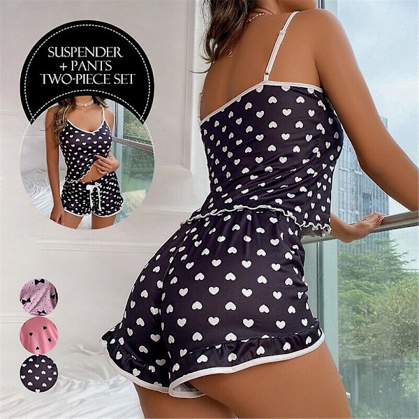 Dam Tryckt Pyjamas Set Sommar Sovkläder Cami Väst Shorts Pjs Loungewear Black M