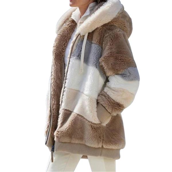 Vinter Kontrasterande Plysch Vadderad Rock Lös Passform Dragkedja Stängning Huva Rock Olika Färg Ytterkläder Khaki XL