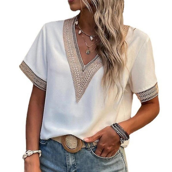Dam Mode Spetsdetaljerad Tröja Dam Sommar Bohemisk V-ringad Blus Bekväm White M