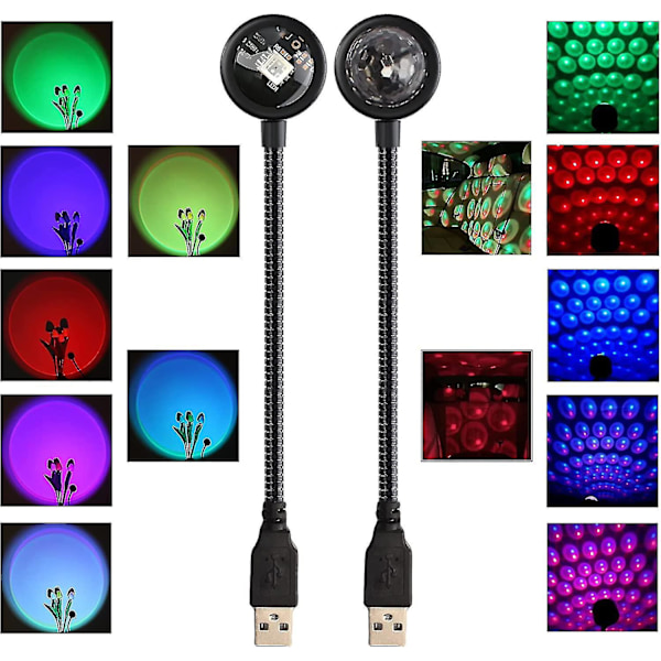 2 stk. USB Nattlys, Discolys Solnedgangslampe, Lydaktivert Strobelys for Dekorering av Bilinteriør, Tak, Spisestue, Soverom, Fest