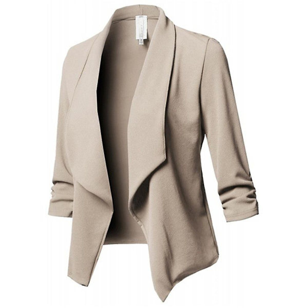 Dame Formel Arbejdsjakke Crop Blazer Jakkesæt Sjal Krave Cardigan Kontordamer Åben Front Frakke Overtøj Khaki XL