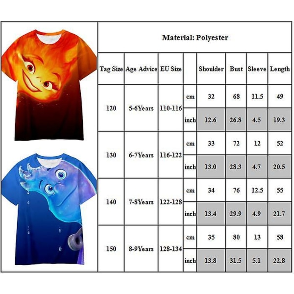 Elemental Movie Print T-shirt barn sommar kortärmad tecknad Casual t-shirt för pojkar, flickor A 8-9Years