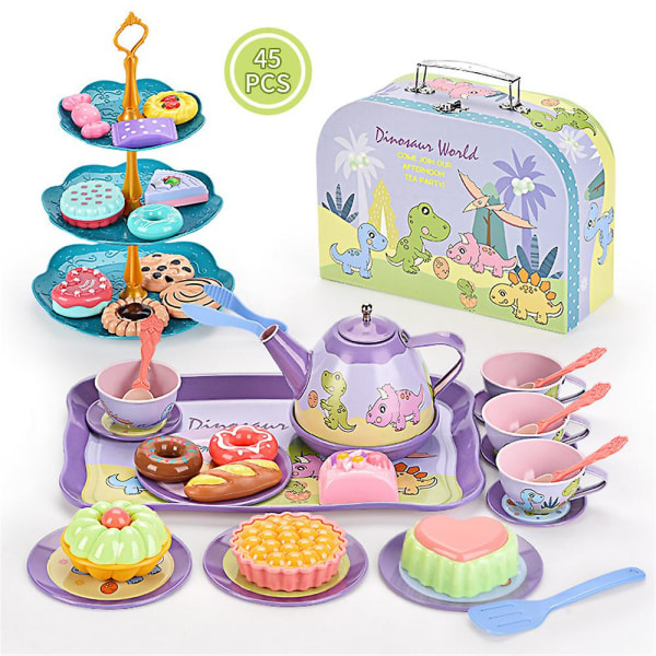Kids Tea Pretend Toy Set, Princess Tea Party Leksaker Lekset, Tekanna Rätter Efterrätt med case Present för pojkar Flickor Dinosaur