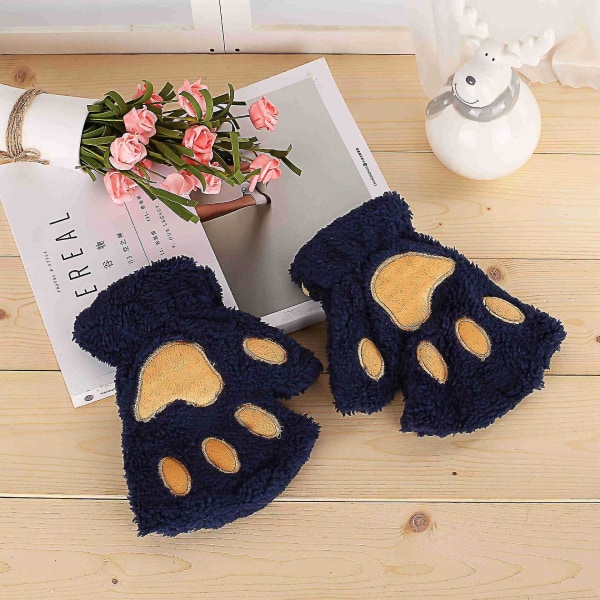 Kattflicka öppna finger katt tass varma handskar förtjockade fluff handformade borste halvfingerhandskar Navy blue Average size