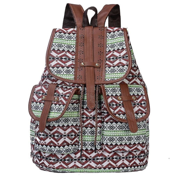 Etnisk stil retro mönster ryggsäck canvas damväska mode personlighet resor dragsko liten B color-3