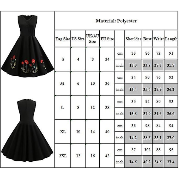 Kirjailtu V-aukkoinen vintage 50-luvun 60-luvun Rockabilly Iltapuku Swing Mekko Midimekko XXL