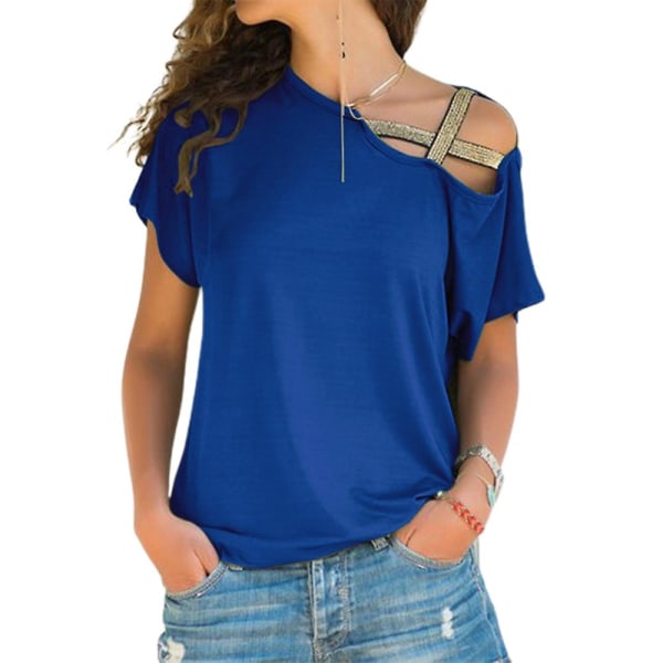 Dame Cross Cold Shoulder T-skjorte Sommer Casual Stilig Kort Ermet Tee Bluse Løse Topper Pluss Størrelse Royal Blue 2XL