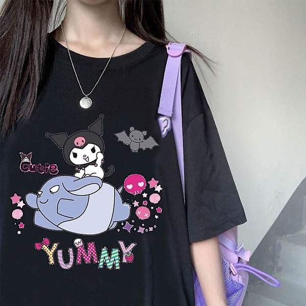 Kuromi Anime Tegneserie Print T-shirt Kvinder Teenagere Kortærmet Top Sommer Afslappet Løse Toppe Rund Hals Harajuku T-shirts Black S