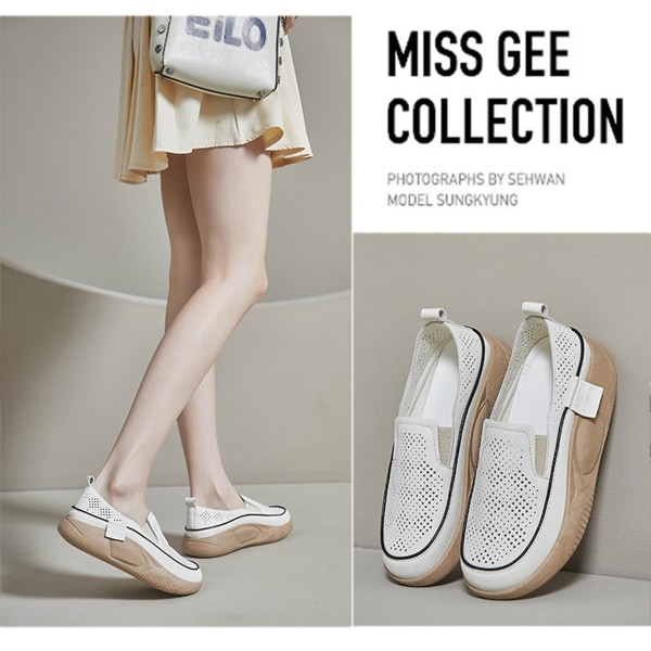 Kvinna Casual Platform Skor Andas Läder Slip-on Loafers för dagligt arbete Studera Shopping Beige 35