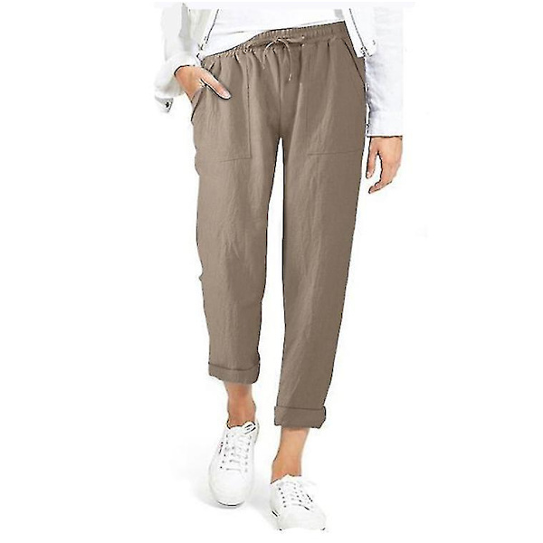 Lös passform Dam Byxor Bomull och Linne Casual Byxor Enfärgade Byxor med Fickor Khaki 4XL
