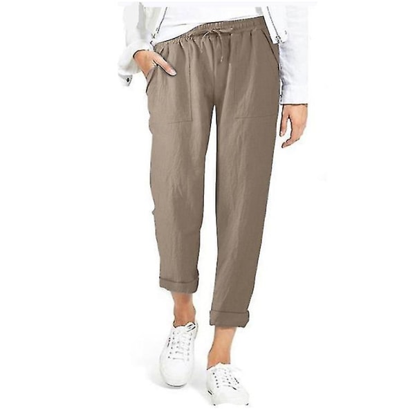 Løse damebukser i bomull og lin, fritidsbukser i ensfarget design med lommer Khaki 4XL