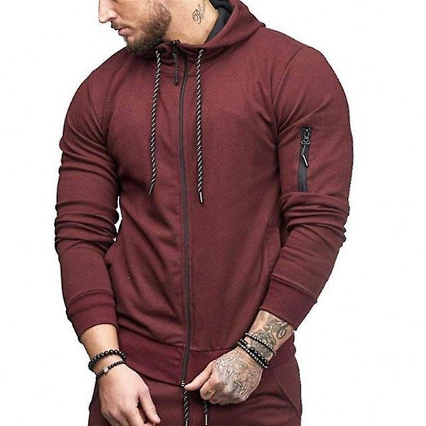 Herre Hættetrøje Lynlås Hættetrøje Vinter Sport Jogging Trøjer Toppe Wine Red 2XL