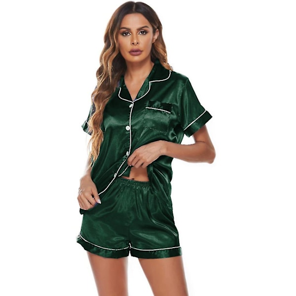 Siden Satin Pyjamas Set Dam Kortärmad Sovkläder Mjuka Pjs Shorts Set Storlek: S green XL