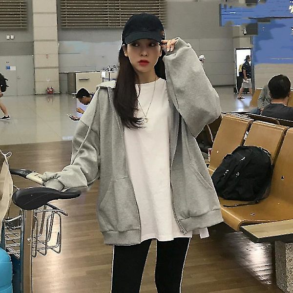 Damhuvtröja med dragkedja, enfärgad ficka, sweatshirt, höst, långärmad, lös basebolljacka EA00513*GREY1 XXXL
