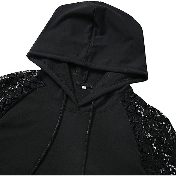 Naisten hupparit pitsikoristeella, pitkähihainen hupullinen toppi, rento muoti tunika, tyylikäs ja elegantti collegepaita, kiristysnyörillinen pusero taskuilla Black M