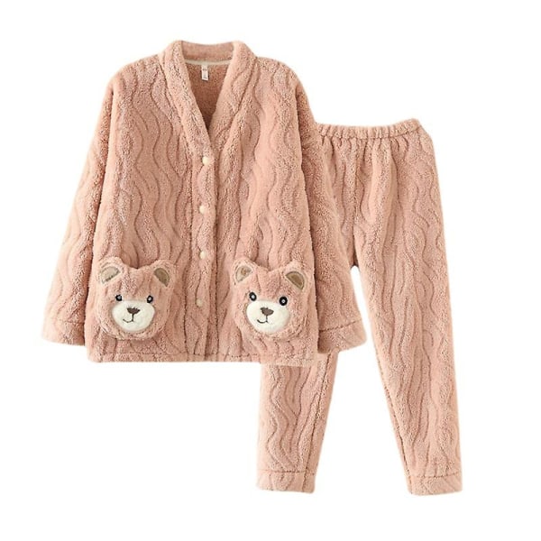 Vinterpyjamas för kvinnor med sammet och förtjockad varm korall sammet Ytterkläder Flanell Söt björn Hemkläder Set pink M 80-100 pounds