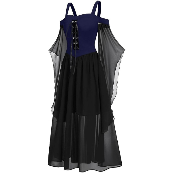 Maxikjole med sommerfugleærmer til kvinder, middelalder punk gotisk tøj, sexet Halloween kostume, kjoler med kolde skuldre og korset C-dark Blue Medium