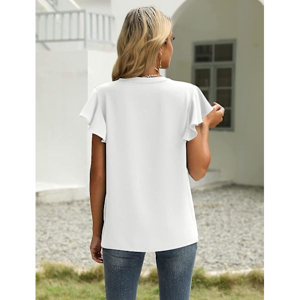Dam Sommar Casual Delad V-ringning Chiffongblusar Lös Tunika Kortärmade Toppar 02white Medium