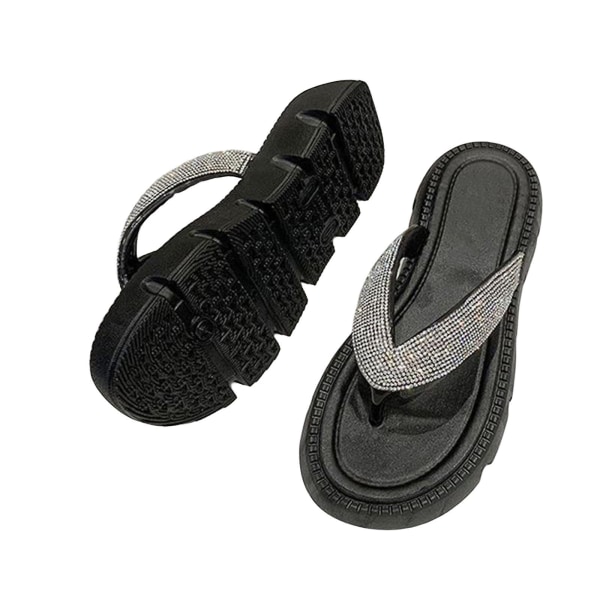 Naisten strassikivikoristeiset varvassandaalit, keskikorkea pohja, kimaltavat ja mukavat rantasandaalit kesähäihin Flip Flops Black 38-39
