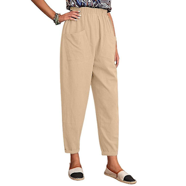Cropped bukser med elastisk talje, løse, afslappede, lange, ensfarvede bukser Khaki 2XL