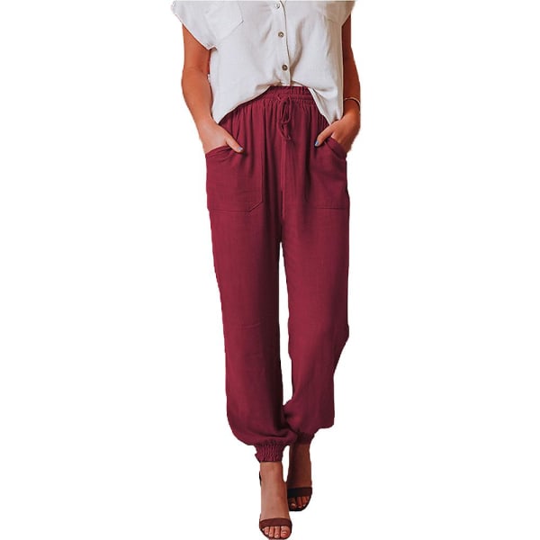 Dam Solid Elastisk Midja Snörning Joggers Spets-up Långa Byxor Casual Byxor Wine Red S