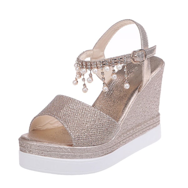 Flatform Wedgesandaler for kvinner, avslappede espadrillesandaler med kilehæl, ankelstropp med perler, bursdagsgaver til damer Gold 35