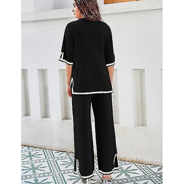 Fashion Suit Färgkontrast Split Kortärmad Stickad + Högmidjade Slankande Vida Byxor Tvådelad Set black M