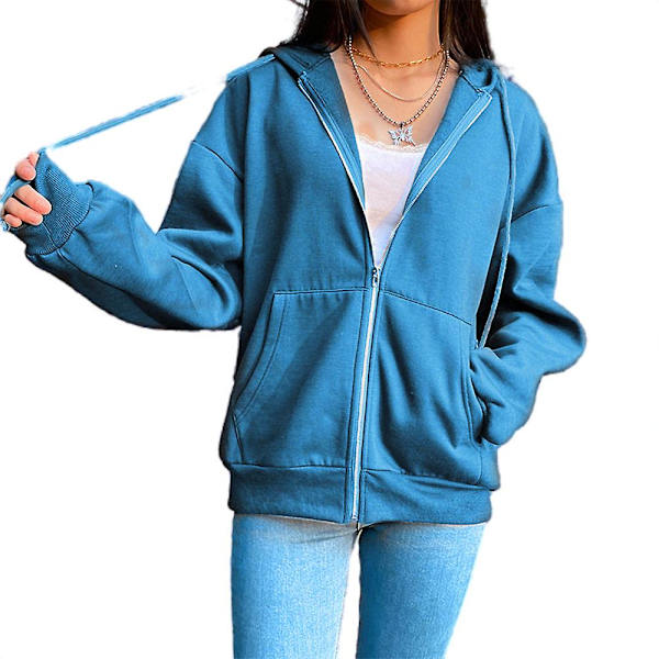 Dame Sweatshirt Hættetrøjer Frakke Ensfarvet Afslappet Løs Jogging Hættejakke Langærmet Fuld Lynlås Snøre Sky Blue M