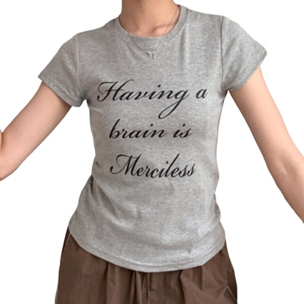 Kvinnors kortärmad T-shirt med bokstavstryck, casual slim fit crop top för hem, dejt, fest, arbete Grey M