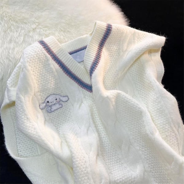 Tegneserie Strikket Sweater Kawaii Sanrio Cinnamoroll Sweater Vest Løs Casual Broderet Sweater Efterår Vinter Top Fødselsdagsgave L 50-55KG Cinnamoroll-2