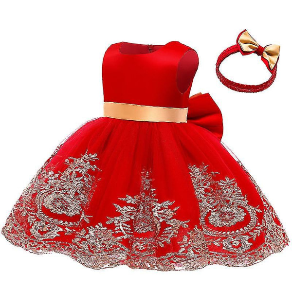 Flickor Prinsessklänning Ärmlös Tyll Broderad Rosett Prinsessklänning Med Huvudbonad Halloween Föreställningsdräkter Red 100cm