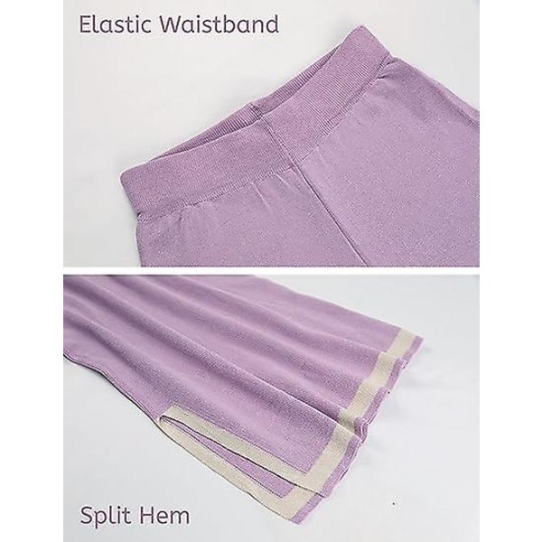 Fashion Kostym Färgkontrast Split Kortärmad Stickad + Högmidjade Slankande Vida Byxor Tvådelad Set purple M