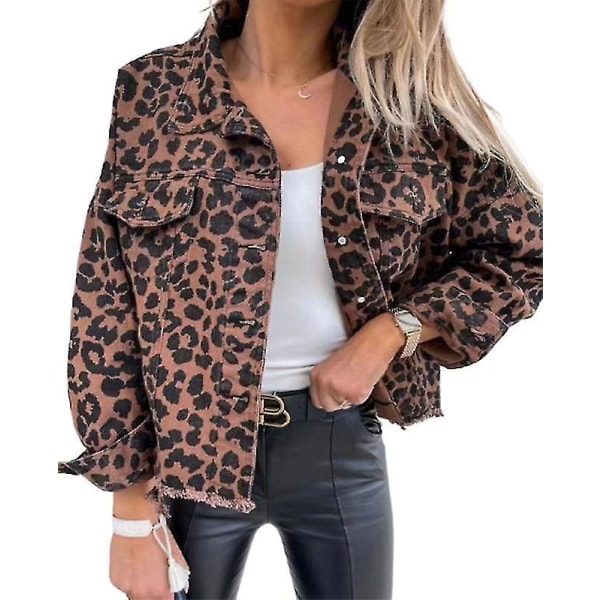 Kvinnors Denimjacka Leopardmönstrad Knäppt Jacka S