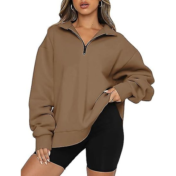 Dame Oversized Sweatshirts Hættetrøjer Halv Lynlås Pullover Efterårsmode Outfits brown M