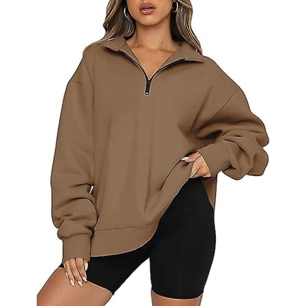 Kvinnors Oversized Sweatshirts Hoodies Halv Zip Pullover Höst Mode Outfits brown L