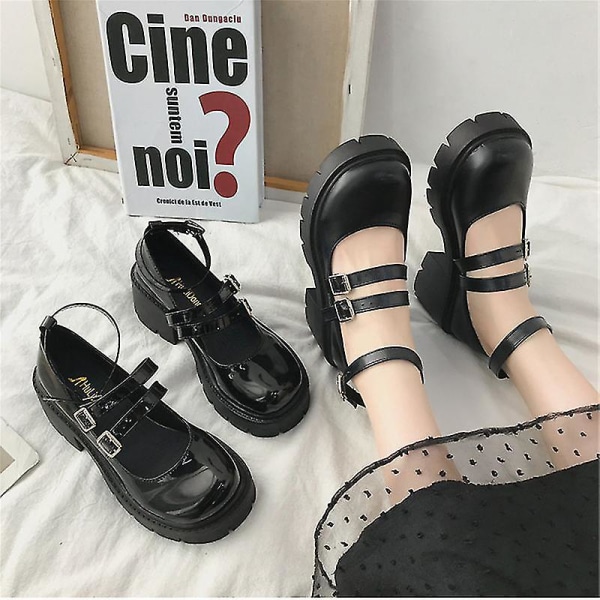 Dame Pu Sko Høj Hæle Lolita Studenter Japansk Stil Sko Retro Sorte Høj Hæle Mary Jane Sko EURO 36
