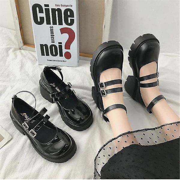 Kvinnor Pu Skor Höga Klackar Lolita College Studenter Japansk Stil Skor Retro Svart Höga Klackar Mary Jane Skor EURO 36