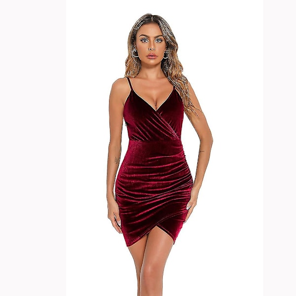Kvinnors paljettklänning i sammet med spaghettiband, V-ringning, bodycon, miniklänning, inslagen dansfest Red XL