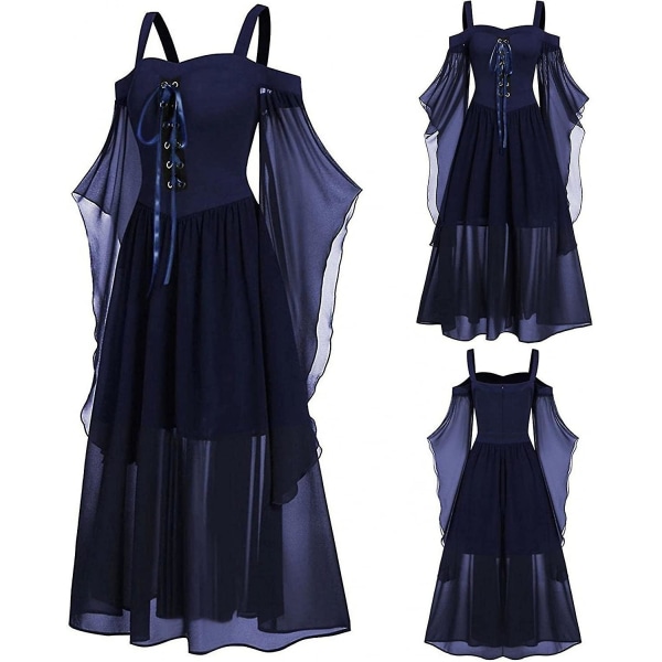Maxikjole med sommerfuglermer for kvinner, middelalder punk gotisk klesstil, sexy Halloween-kostyme, kjoler med bare skuldre og korsett A-navy Small