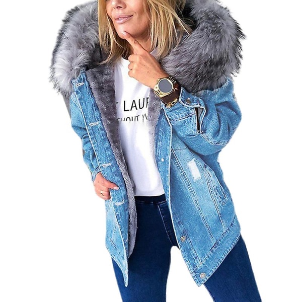 Kvinnors Hooded Fleece Denim Jacka Casual Långärmad Cardigan Mode Värmande Ytterkläder För Hösten Black XL