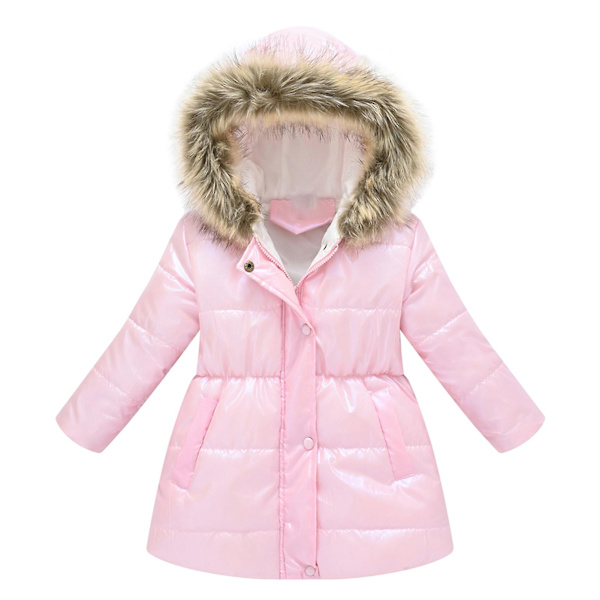 Tyttöjen talvitakki, kirkas ja kiiltävä, puolipitkä takki hupulla Pink 130cm