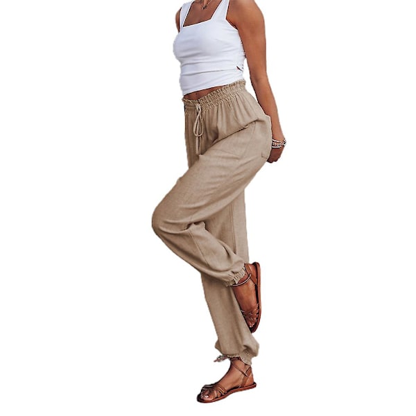 Dam Enfärgad Elastisk Midja Dragsko Joggers Snörning Långbyxor Casual Byxor Khaki S