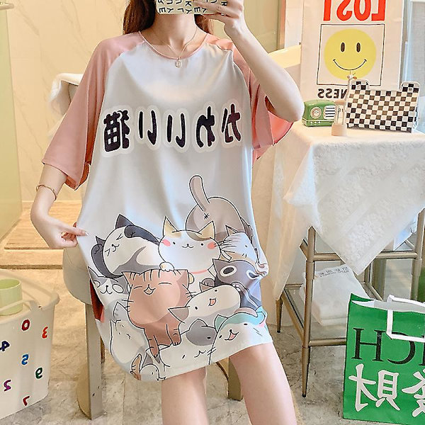 Sanrios Kawaii Cinnamoroll Is-silke Nattkjole Sommer Kortarmet Tynn Mellomlang Pluss Størrelse Løse Pyjamas XL-size-170CM R2221