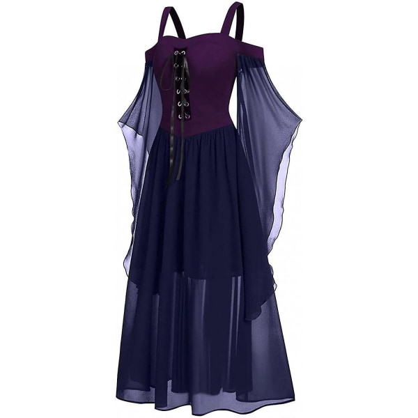 Maxikjole med sommerfugleærmer til kvinder, middelalder punk gotisk tøj, sexet Halloween kostume, kjoler med kolde skuldre og korset B-navy 3X-Large