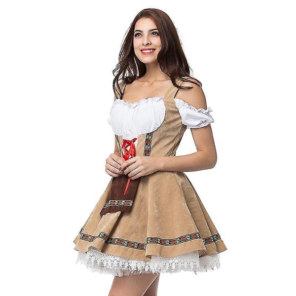 Dam Oktoberfest Kostym Tyskland Bayersk Öl Servitris Piga Servitör Cosplay Parad Tavern Karneval Maskeradklänning Beige M